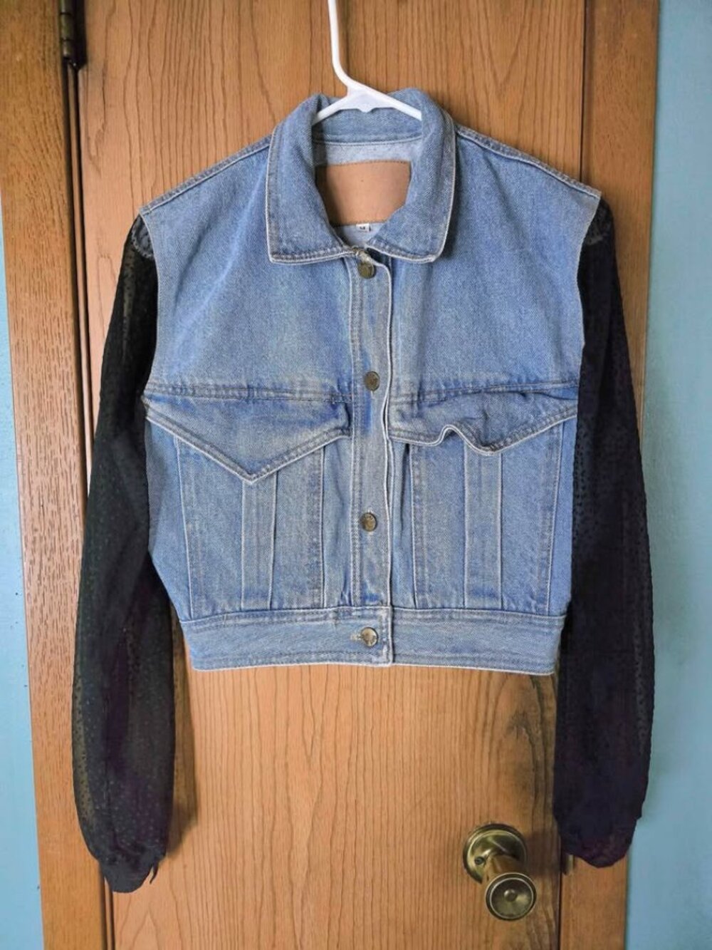 Size M Paris Blues Denim Jean Jacket with Sheer Black Dotted Long Sleeves